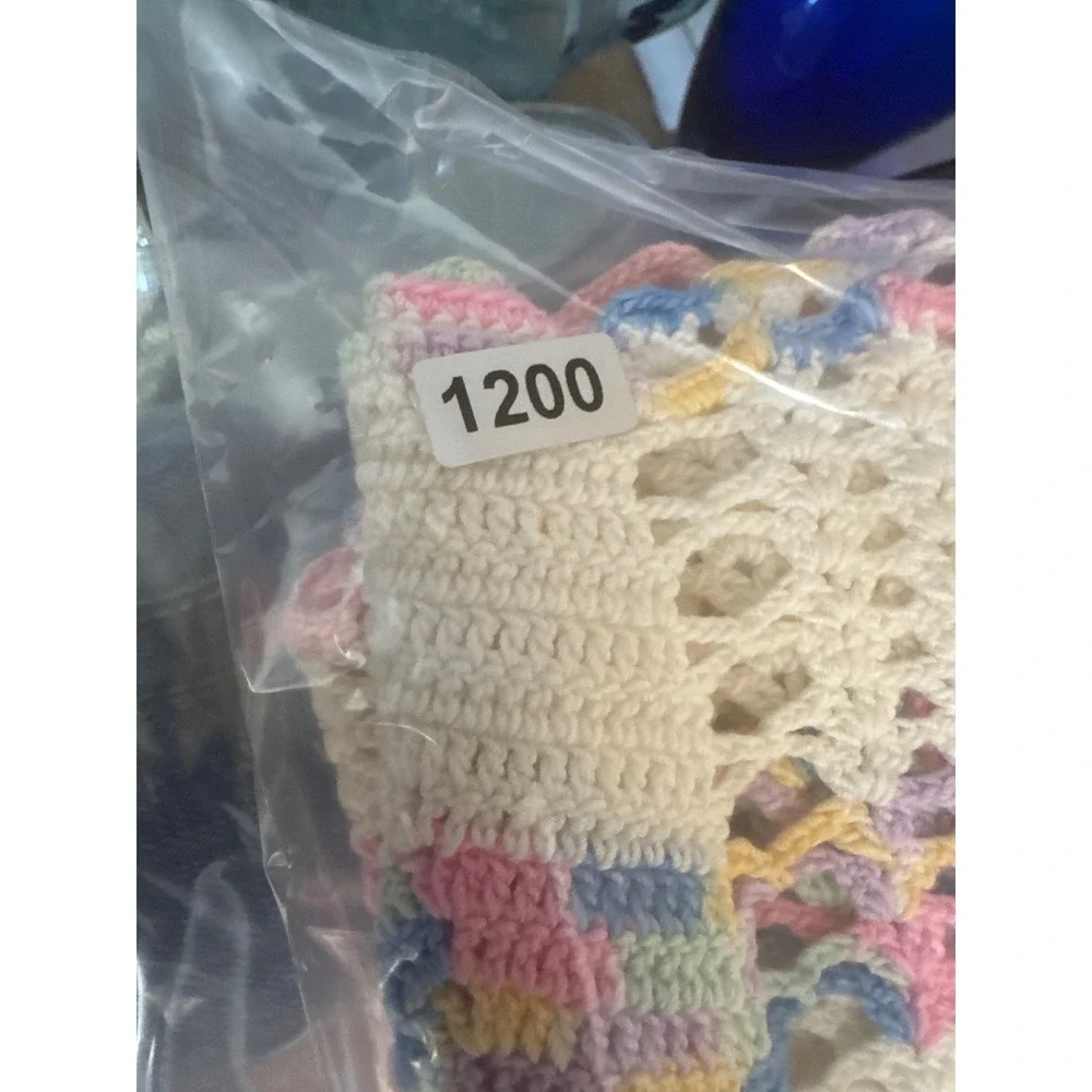 Vintage Handmade Crochet Half Apron Set of 2 Pastel Pink Rainbow Scalloped Hem